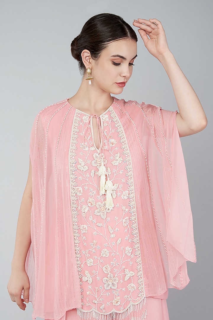 Blush Pink Georgette Embroidered Tunic Set by Keith Gomes at Pernia's Pop Up Shop
