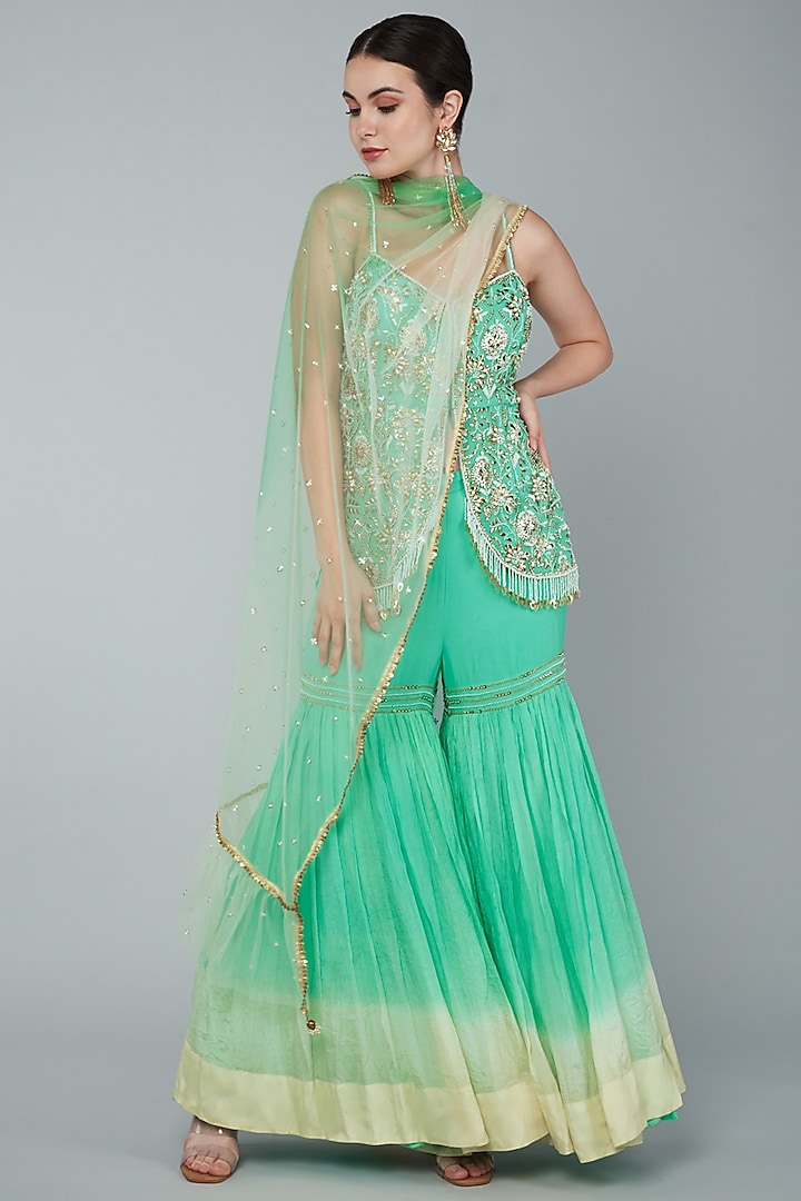 Turquoise Ombre Georgette & Crepe Chiffon Gharara Set by Keith Gomes