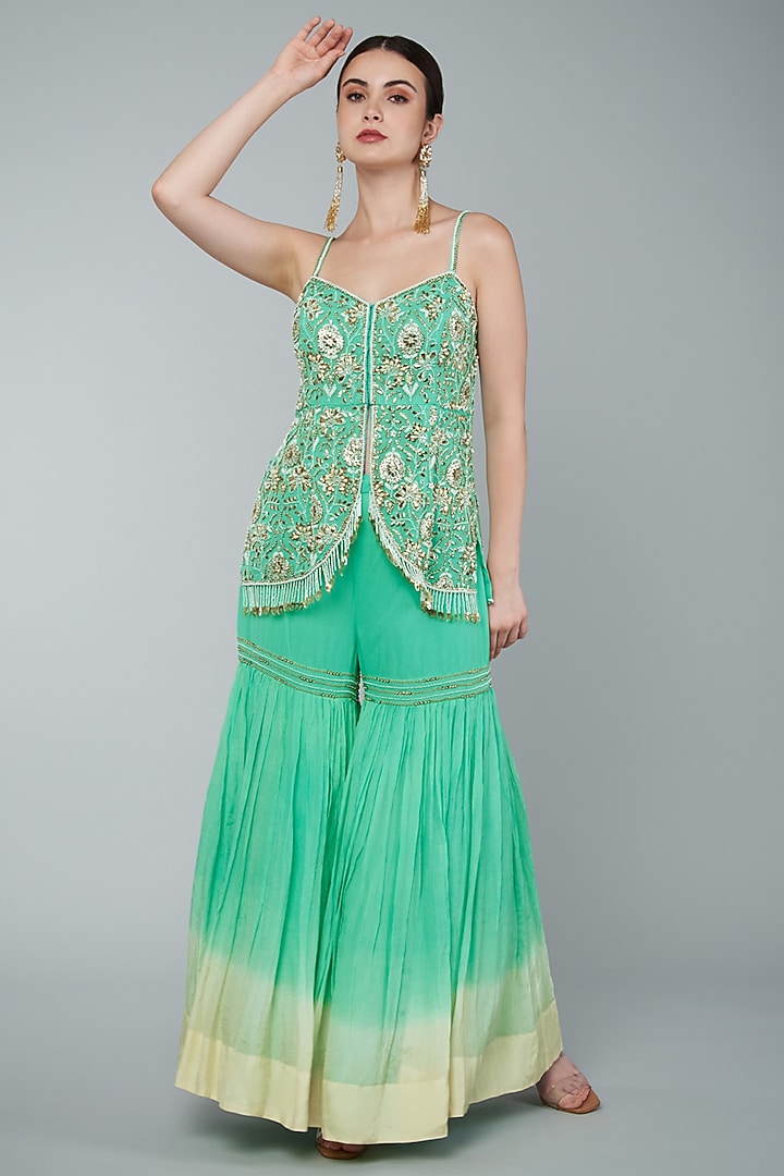 Turquoise Ombre Georgette & Crepe Chiffon Gharara Set by Keith Gomes at Pernia's Pop Up Shop
