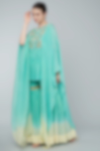 Turquoise Ombre Chiffon Crepe Gharara Set by Keith Gomes