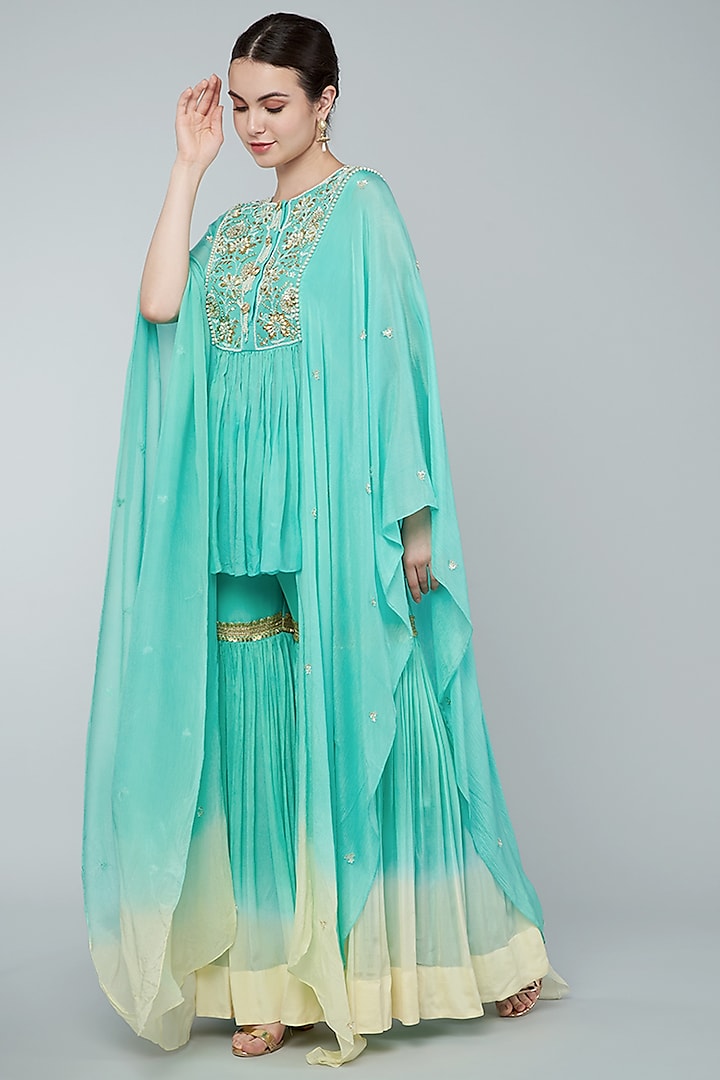 Turquoise Ombre Chiffon Crepe Gharara Set by Keith Gomes