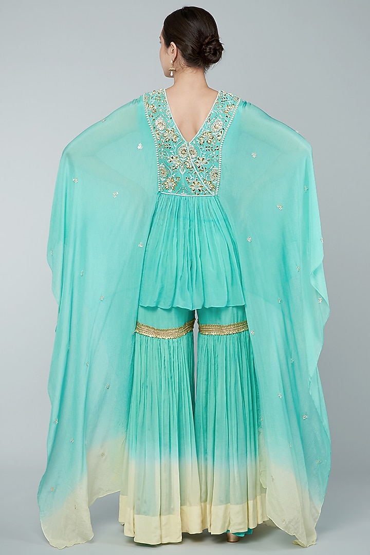 Turquoise Ombre Chiffon Crepe Gharara Set by Keith Gomes at Pernia's Pop Up Shop