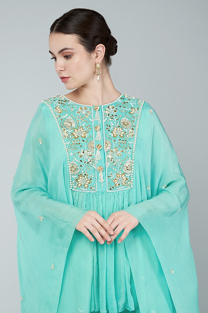 Turquoise Ombre Chiffon Crepe Gharara Set by Keith Gomes at Pernia's Pop Up Shop