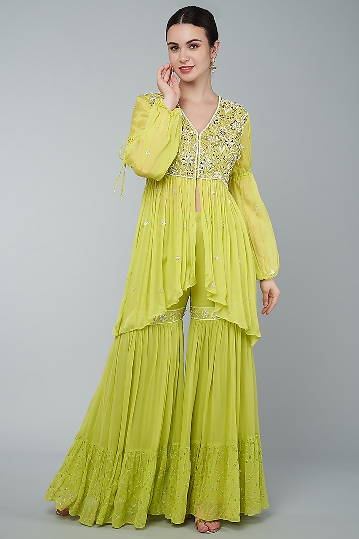 Yellow Georgette Gharara Set by Keith Gomes