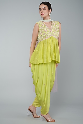 Yellow Chiffon Crepe & Chanderi Embroidered Dhoti Set by Keith Gomes