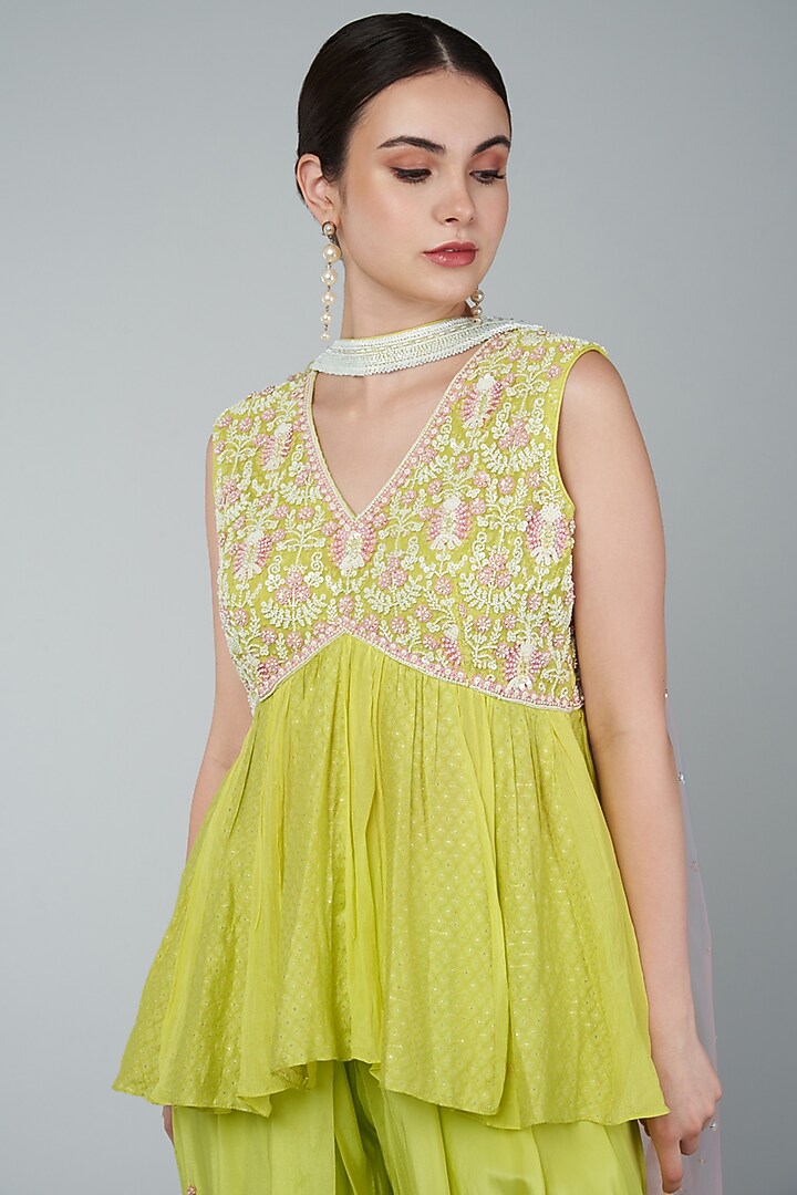 Yellow Chiffon Crepe & Chanderi Embroidered Dhoti Set by Keith Gomes at Pernia's Pop Up Shop