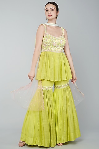Yellow Chiffon Crepe & Chanderi Embroidered Gharara Set by Keith Gomes
