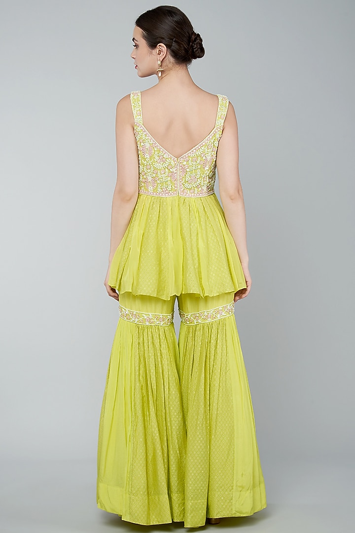 Yellow Chiffon Crepe & Chanderi Embroidered Gharara Set by Keith Gomes at Pernia's Pop Up Shop