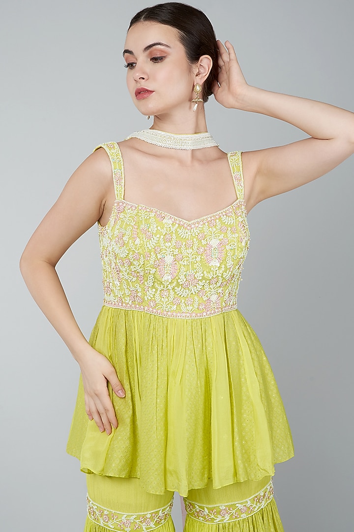 Yellow Chiffon Crepe & Chanderi Embroidered Gharara Set by Keith Gomes at Pernia's Pop Up Shop