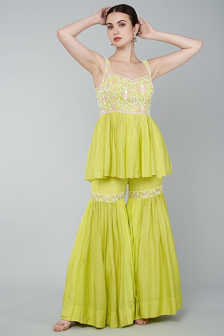 Yellow Chiffon Crepe & Chanderi Embroidered Gharara Set by Keith Gomes at Pernia's Pop Up Shop