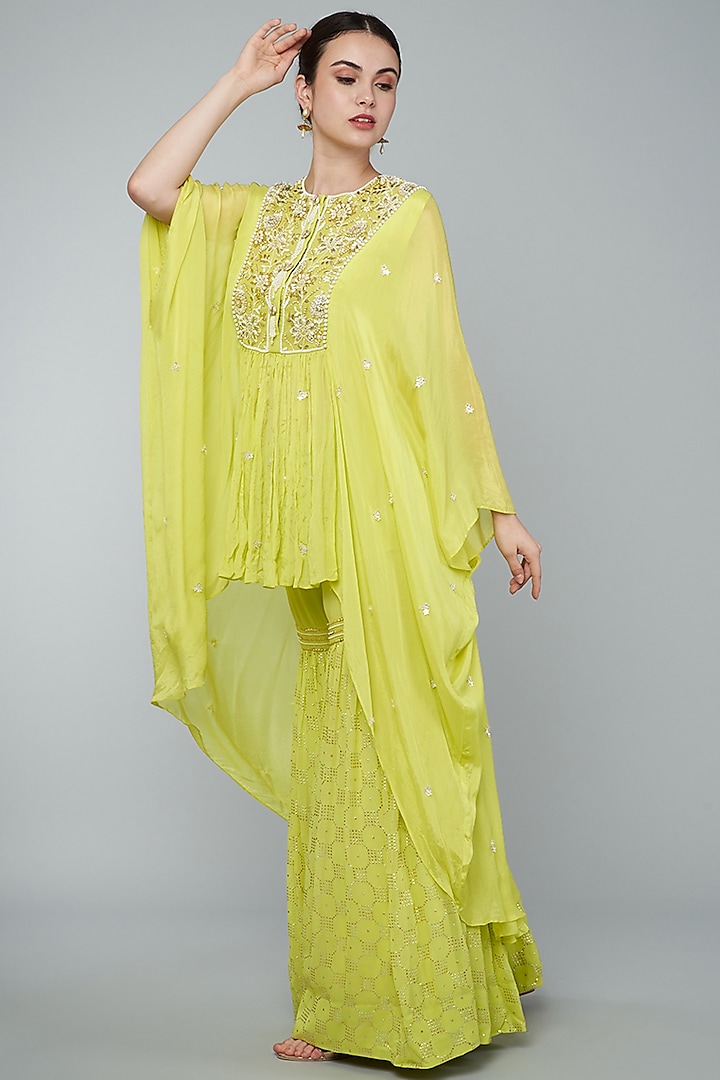 Yellow Chiifon Crepe Gharara Set by Keith Gomes