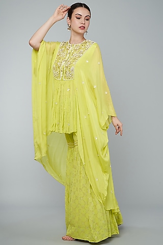 Yellow Chiifon Crepe Gharara Set by Keith Gomes