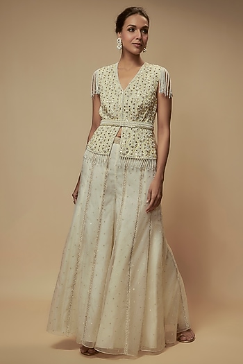 Ivory Chanderi Silk Mirror Embroidered Co-Ord Set by Keith Gomes at Pernia's Pop Up Shop