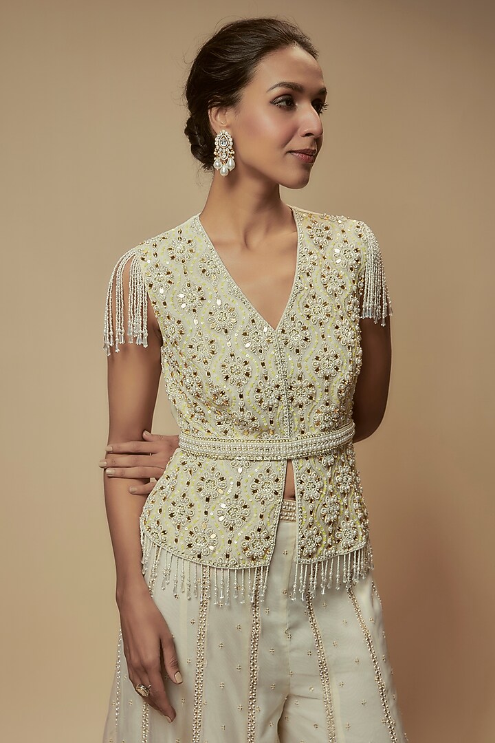 Ivory Chanderi Silk Mirror Embroidered Co-Ord Set by Keith Gomes at Pernia's Pop Up Shop