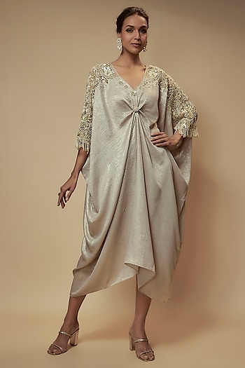 Ivory Foil Satin Crepe Bead Embroidered Kaftan by Keith Gomes at Pernia's Pop Up Shop