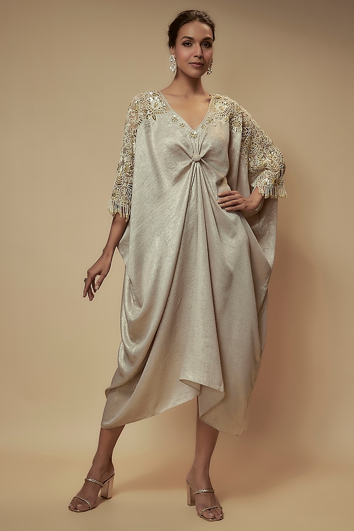 Ivory Foil Satin Crepe Bead Embroidered Kaftan by Keith Gomes