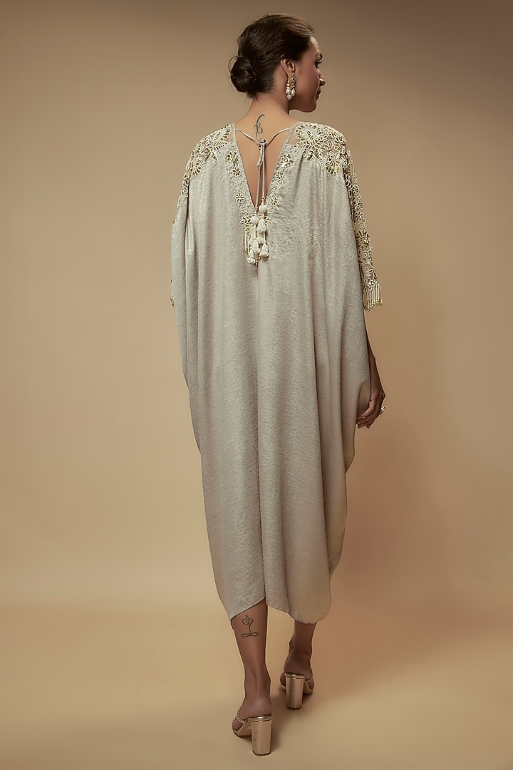 Ivory Foil Satin Crepe Bead Embroidered Kaftan by Keith Gomes at Pernia's Pop Up Shop