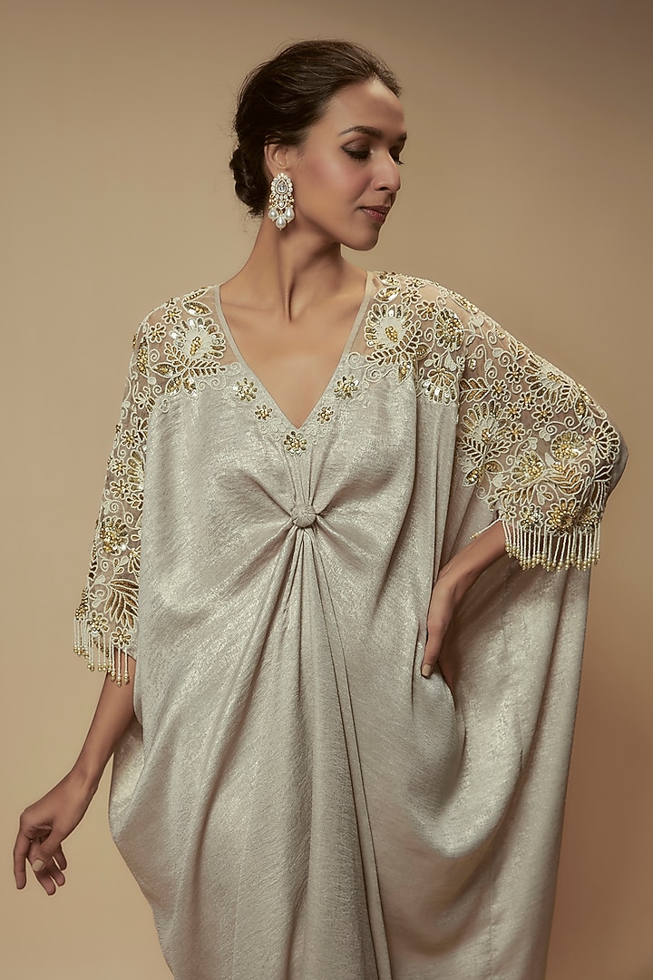 Ivory Foil Satin Crepe Bead Embroidered Kaftan by Keith Gomes at Pernia's Pop Up Shop