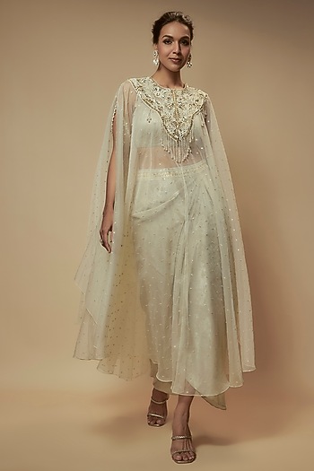 Beige Organza Bead Embroidered Cape Set by Keith Gomes at Pernia's Pop Up Shop