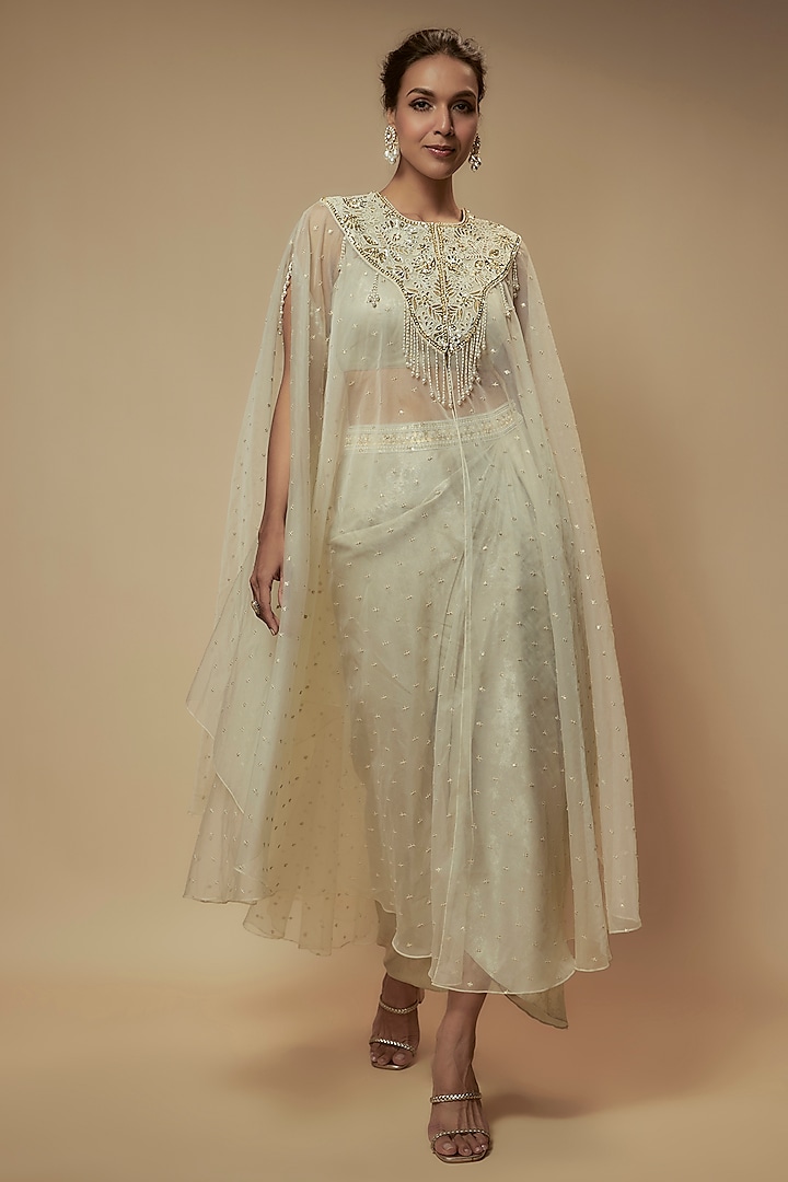 Beige Organza Bead Embroidered Cape Set by Keith Gomes