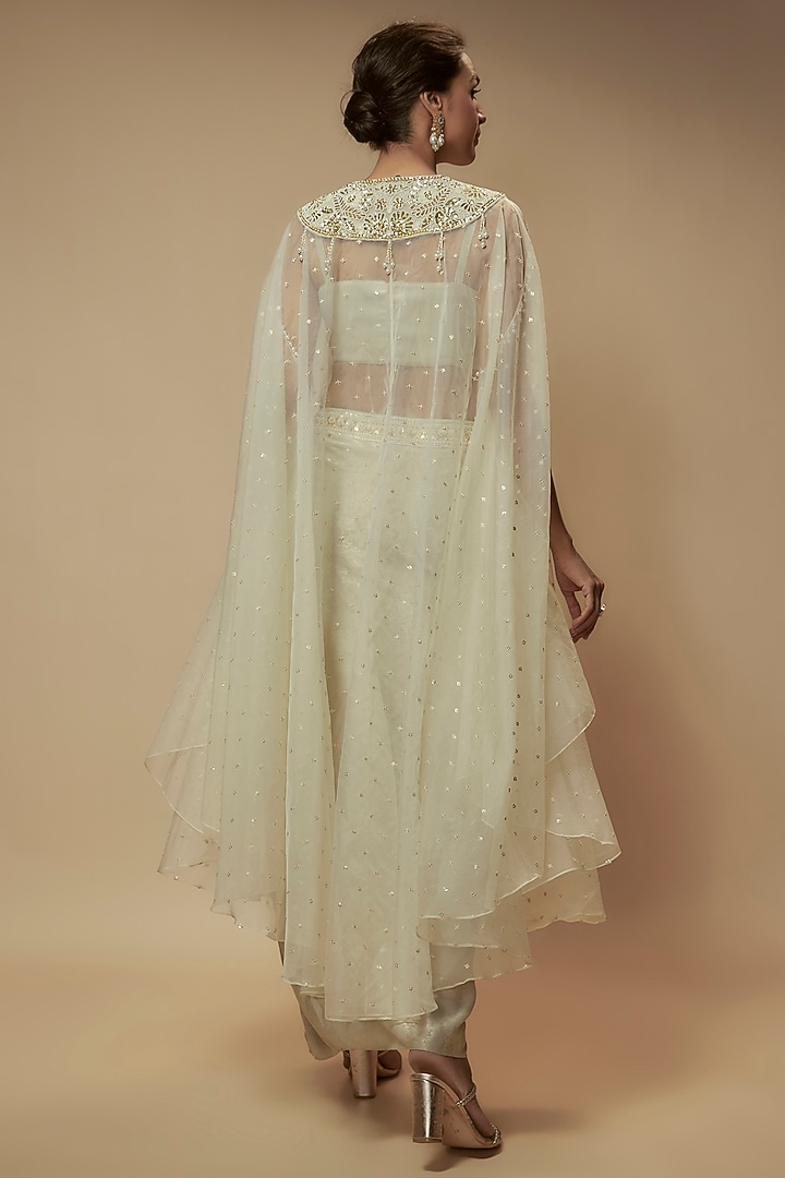 Beige Organza Bead Embroidered Cape Set by Keith Gomes at Pernia's Pop Up Shop