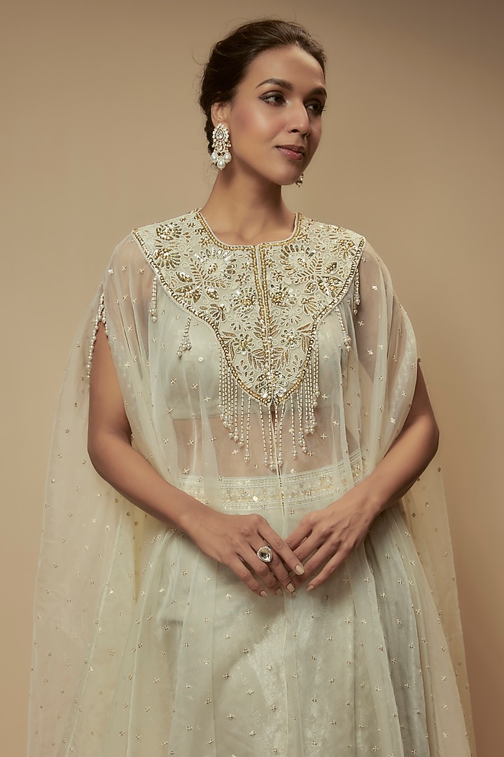 Beige Organza Bead Embroidered Cape Set by Keith Gomes at Pernia's Pop Up Shop