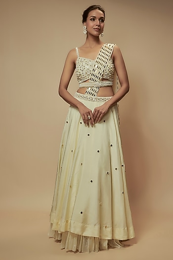 Ivory Silk Organza Mirror Embroidered Wedding Lehenga Set by Keith Gomes at Pernia's Pop Up Shop