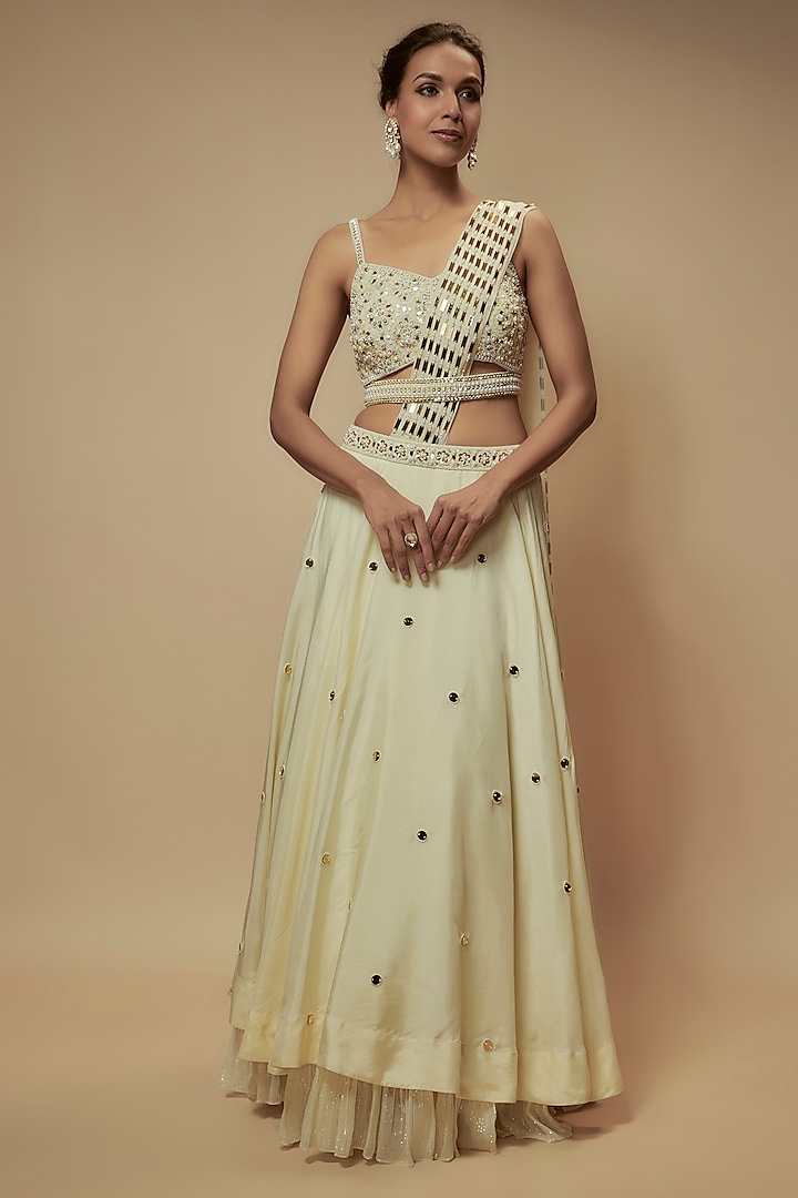 Ivory Silk Organza Mirror Embroidered Lehenga Set by Keith Gomes