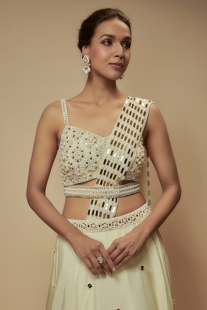 Ivory Silk Organza Mirror Embroidered Wedding Lehenga Set by Keith Gomes at Pernia's Pop Up Shop