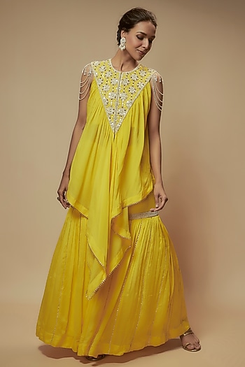 Yellow Chiffon Crepe Gharara Set by Keith Gomes at Pernia's Pop Up Shop