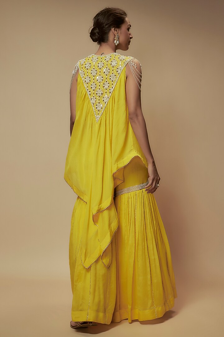 Yellow Chiffon Crepe Gharara Set by Keith Gomes at Pernia's Pop Up Shop
