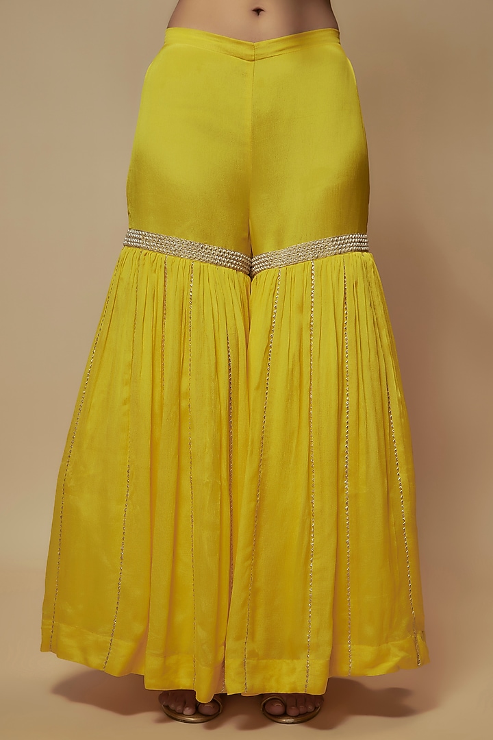 Yellow Chiffon Crepe Gharara Set by Keith Gomes at Pernia's Pop Up Shop
