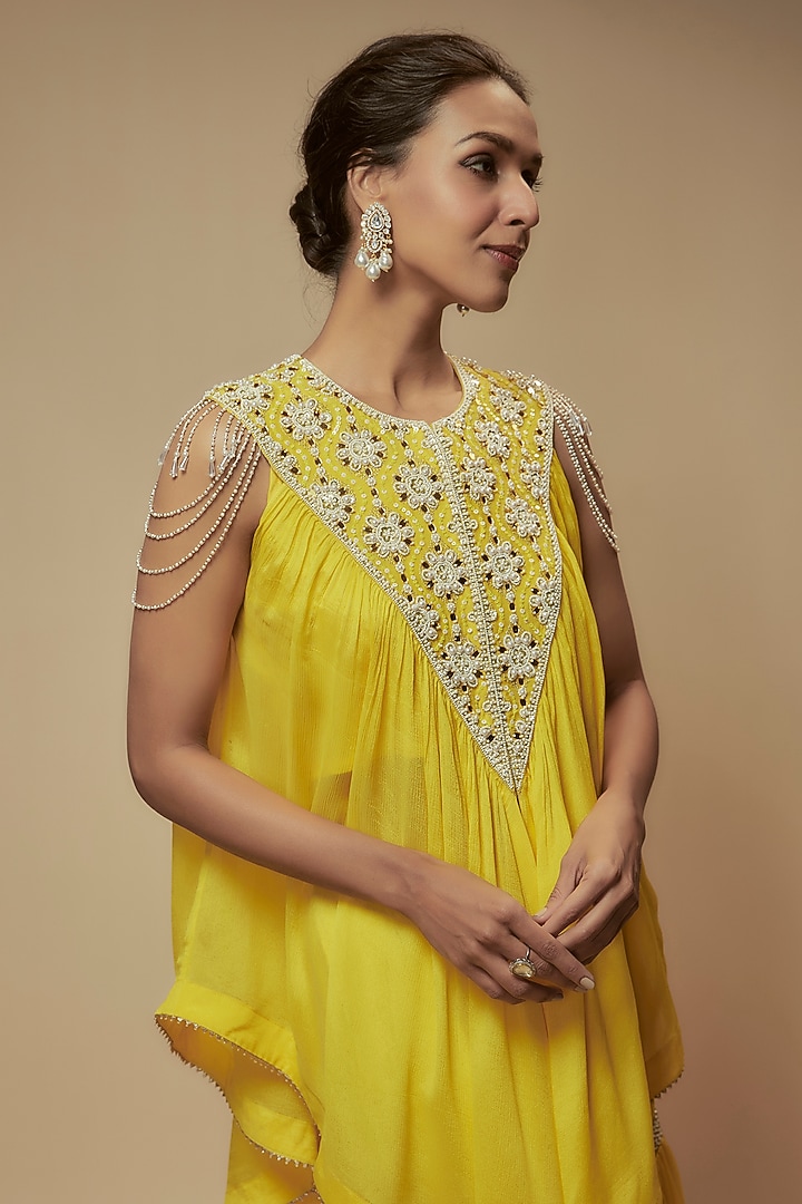 Yellow Chiffon Crepe Gharara Set by Keith Gomes at Pernia's Pop Up Shop
