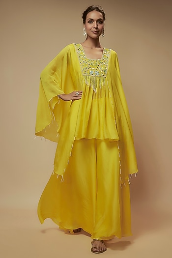 Yellow Silk Organza Cutdana Embroidered Tunic Set by Keith Gomes at Pernia's Pop Up Shop