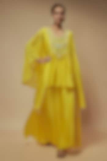 Yellow Silk Organza Cutdana Embroidered Tunic Set by Keith Gomes
