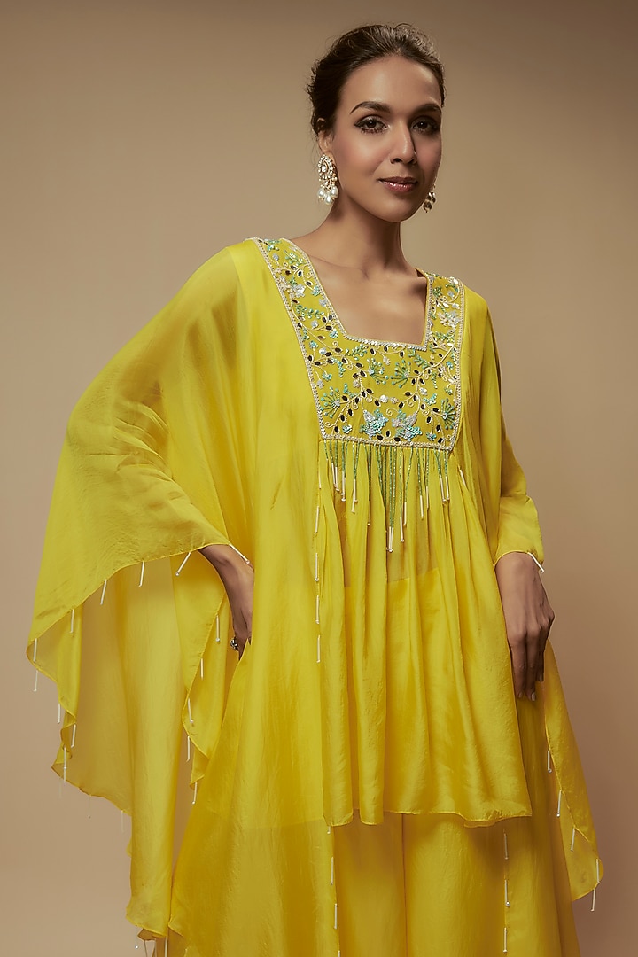 Yellow Silk Organza Cutdana Embroidered Tunic Set by Keith Gomes at Pernia's Pop Up Shop