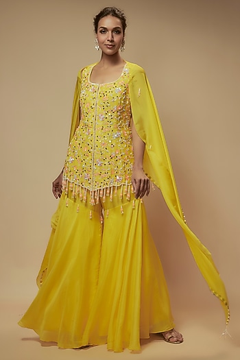 Yellow Silk Organza Gharara Set by Keith Gomes at Pernia's Pop Up Shop