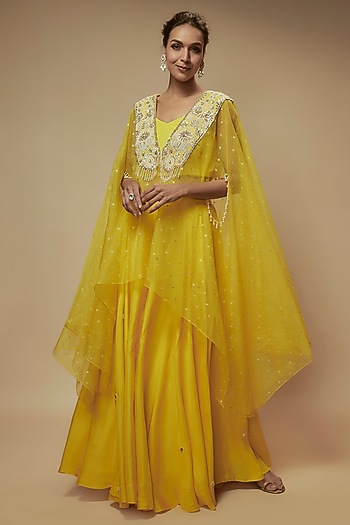 Yellow Organza Bead Embroidered Cape Set by Keith Gomes at Pernia's Pop Up Shop