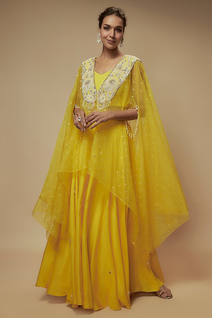 Yellow Organza Bead Embroidered Cape Set by Keith Gomes