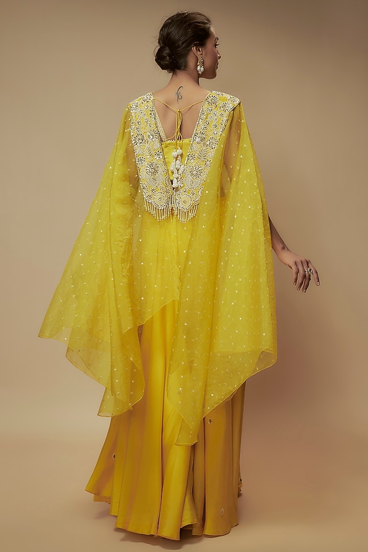 Yellow Organza Bead Embroidered Cape Set by Keith Gomes at Pernia's Pop Up Shop