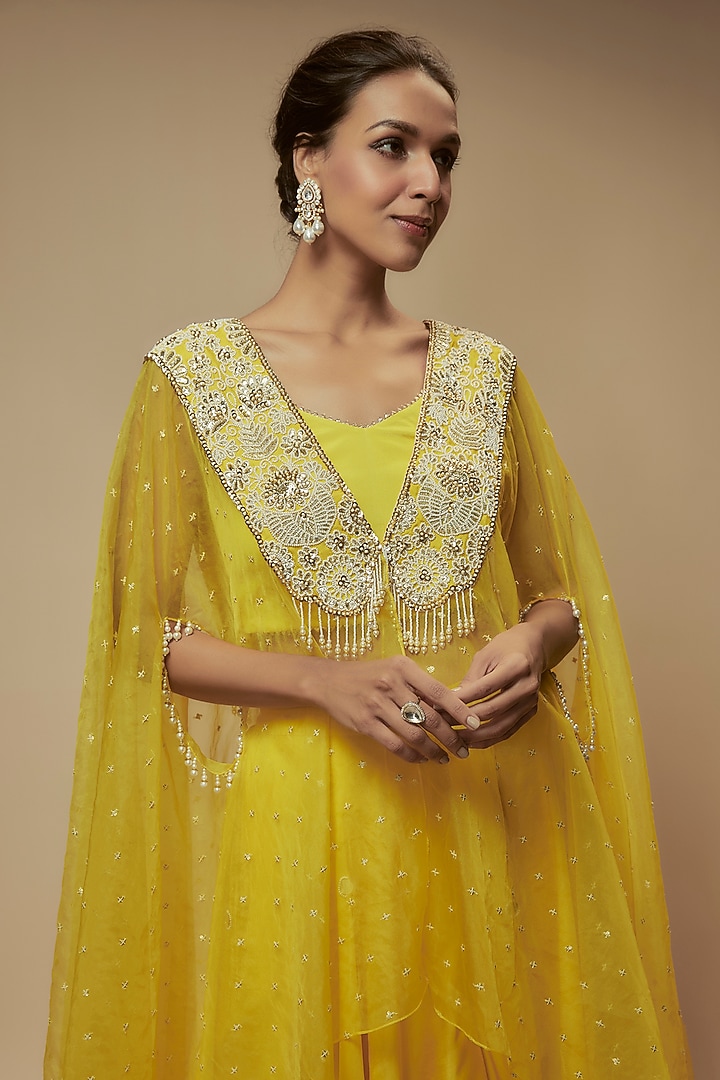 Yellow Organza Bead Embroidered Cape Set by Keith Gomes at Pernia's Pop Up Shop