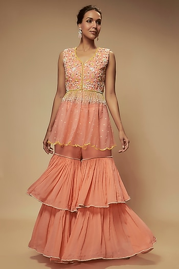 Peach Chiffon Crepe Gharara Set by Keith Gomes at Pernia's Pop Up Shop