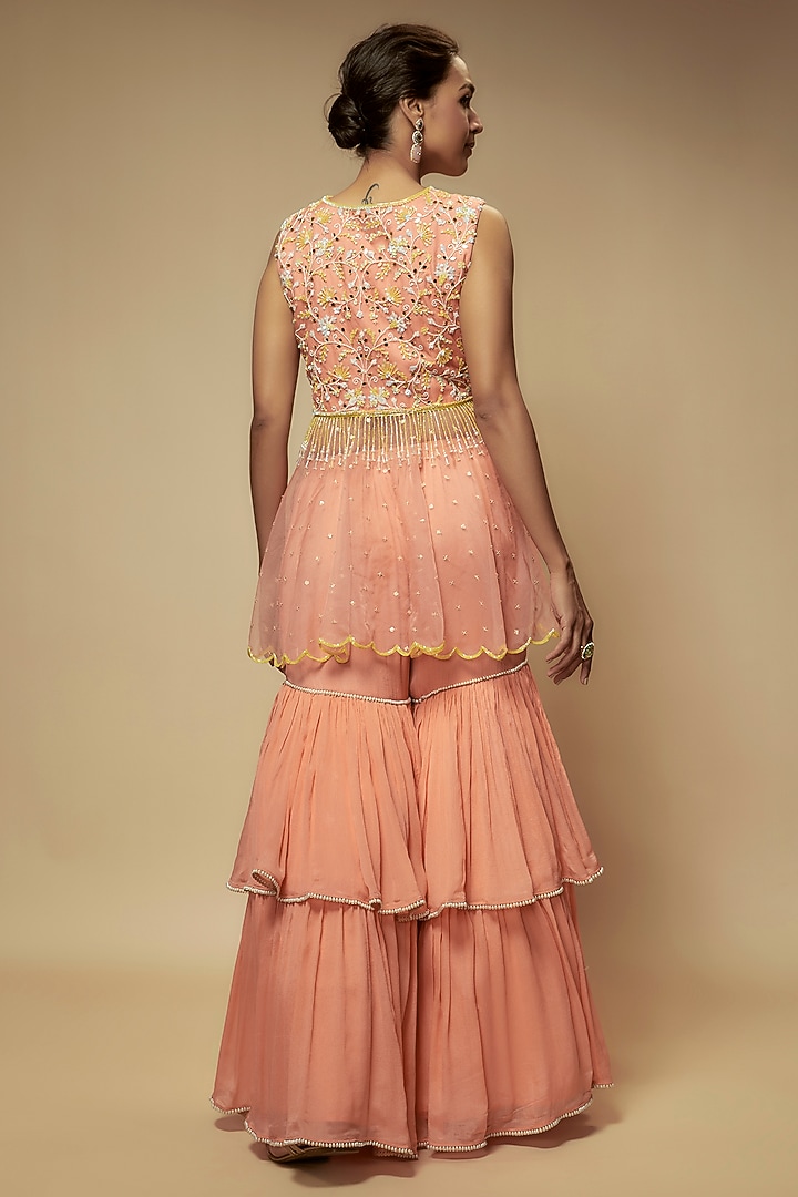 Peach Chiffon Crepe Gharara Set by Keith Gomes at Pernia's Pop Up Shop
