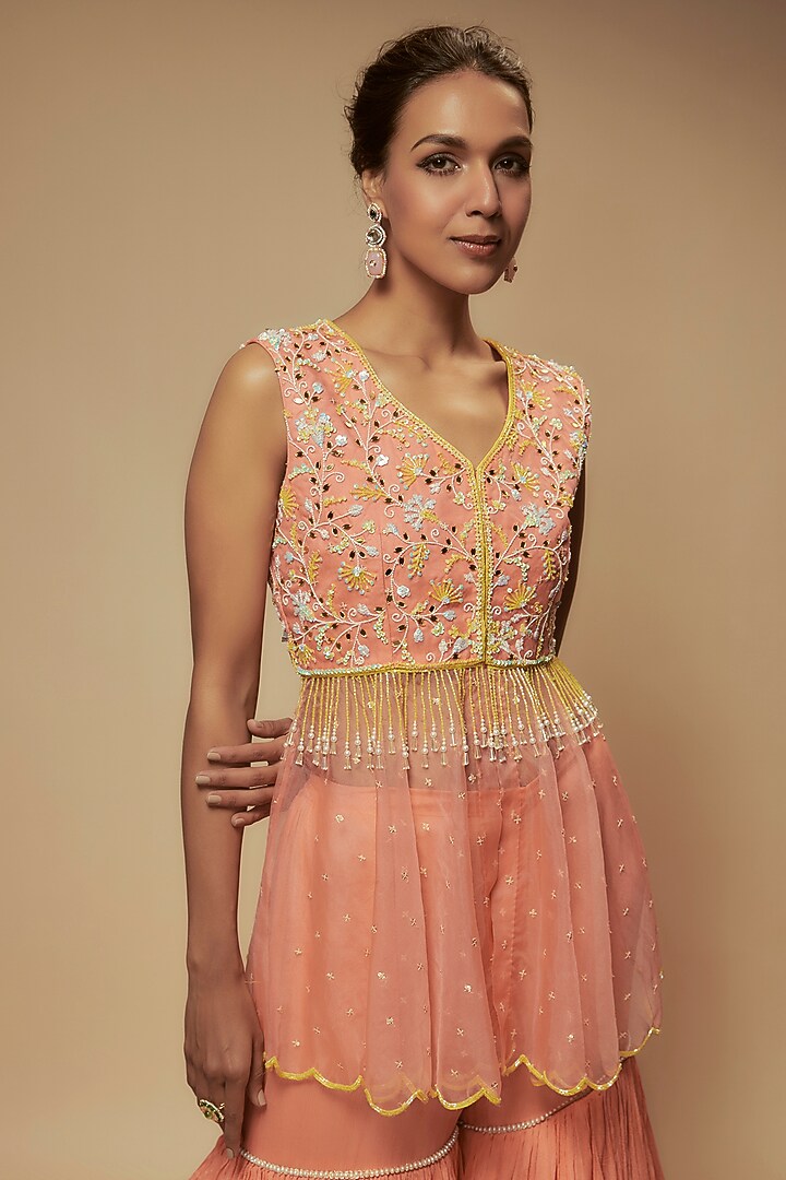 Peach Chiffon Crepe Gharara Set by Keith Gomes at Pernia's Pop Up Shop