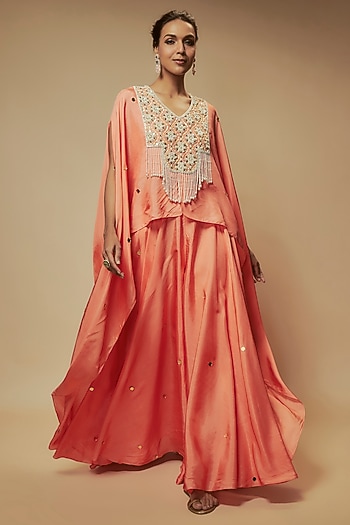 Peach Silk Mirror Embroidered Tunic Set by Keith Gomes at Pernia's Pop Up Shop