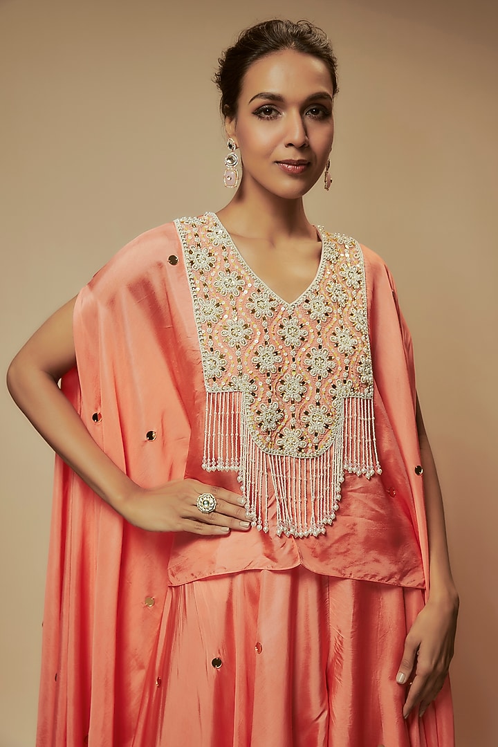 Peach Silk Mirror Embroidered Tunic Set by Keith Gomes at Pernia's Pop Up Shop