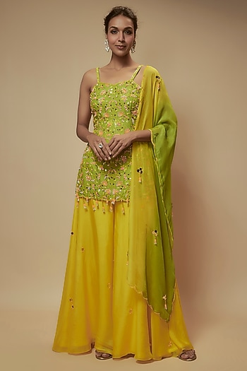 Green Silk Organza Wedding Sharara Set by Keith Gomes at Pernia's Pop Up Shop