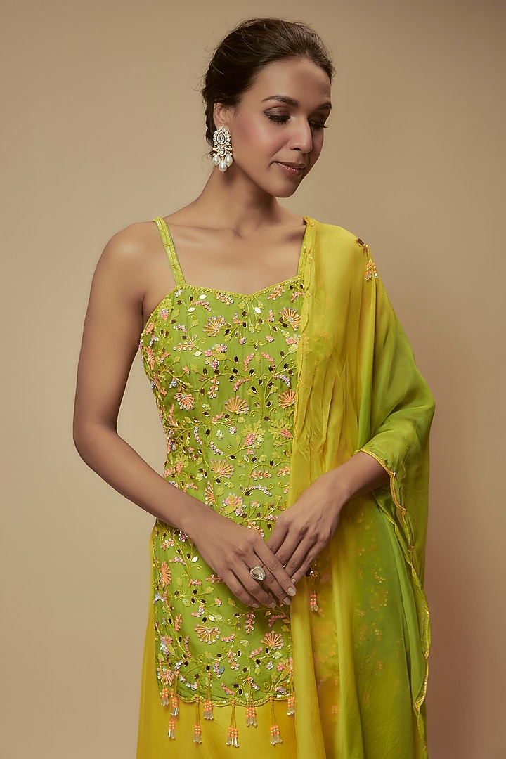 Green Silk Organza Wedding Sharara Set by Keith Gomes at Pernia's Pop Up Shop