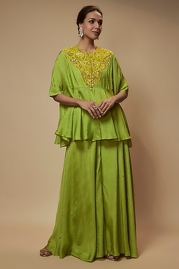 Green Silk Bead Embroidered Tunic Set by Keith Gomes at Pernia's Pop Up Shop