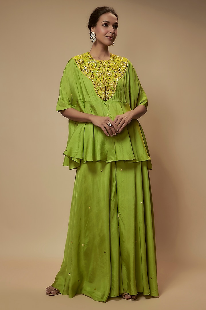 Green Silk Bead Embroidered Tunic Set by Keith Gomes